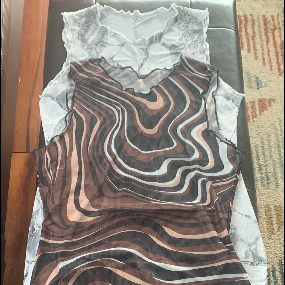 NWOT (2) swim coverups. Lettuce edge/sleeveless, white/gray & brown/multi.